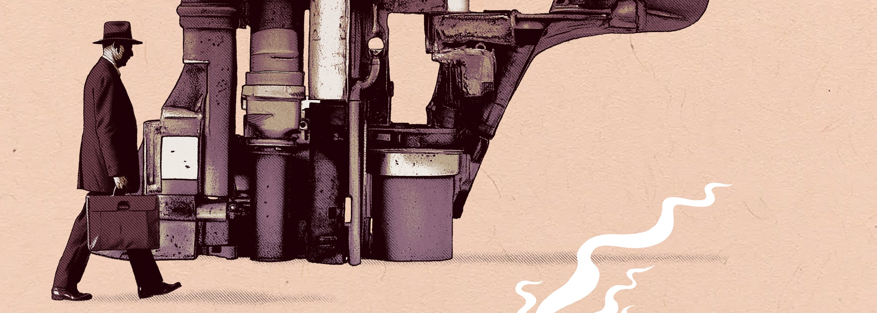 Vintage-style illustration of a man with a suitcase walking past large industrial machinery.