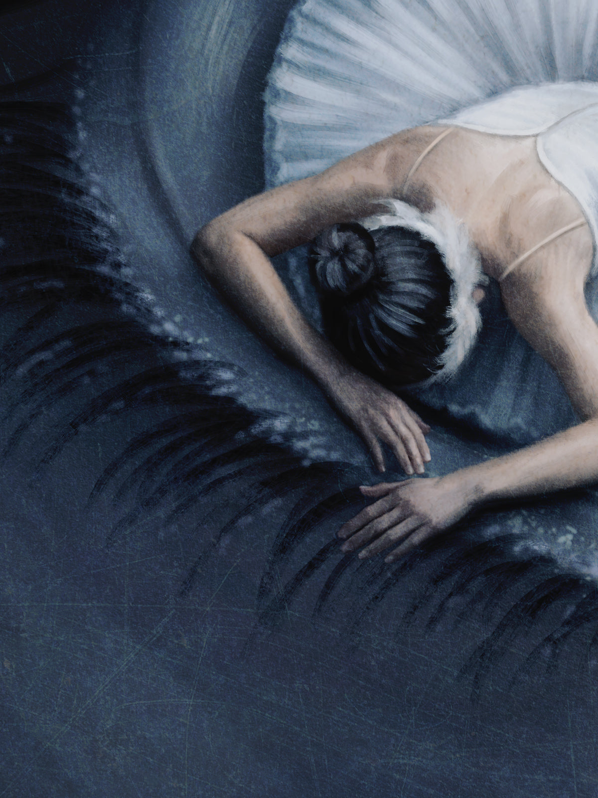 A painterly artwork showing a ballerina in a white tutu lying on a dark blue icy or water-like surface, with the face obscured by a rectangular blur block.