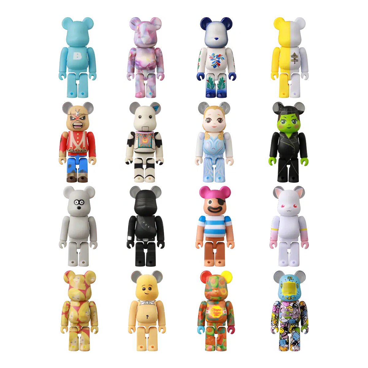 Sixteen vibrant Bearbrick figures from Medicom’s Be@rbrick Series 51, each featuring distinct designs and patterns typical of the brand’s iconic blind box releases, are arranged vertically in four orderly rows against a plain white background.