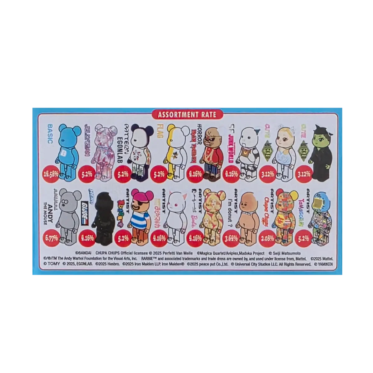 A chart displays 15 vibrant bear-shaped figurines from Medicom's Be@rbrick Series 51 blind box collection, each featuring unique designs and names with their assortment rates indicated in red circles below. The background is light blue with white clouds.