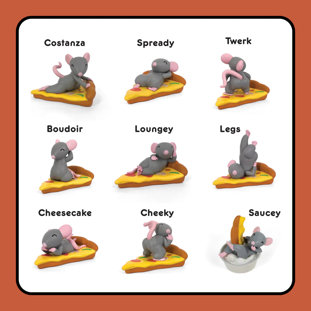 Nine 100% Soft clay mice, each humorously named, strike playful poses atop pizza slices against a white background framed in red—capturing the whimsy of a 100% Soft Pizza Rats Vinyl Figure blind box collectible.