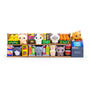 A toy supermarket shelf displays colorful mini food items with adorable 100% Soft Bodega Kitties cat figurines nestled among the goods, including an orange kitty perched atop a blue checkout counter. Experience the delightful charm of these 100% Soft vinyl figure blind box collectibles as they add playful personality to your miniature grocery scene.