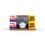 A small gray cartoon cat figurine from the 100% Soft Bodega Kitties vinyl figure blind box collection, with closed eyes, sits between colorful, smiling toy blocks arranged in two stacks on each side.