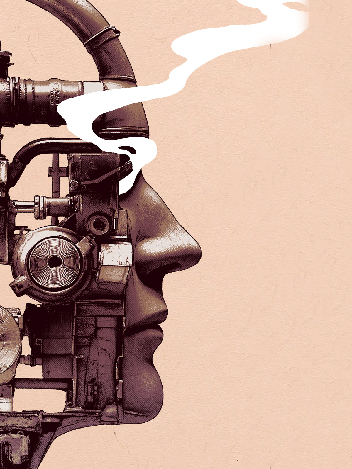 Artistic depiction of a face merging with mechanical components on a beige background