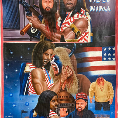A bold, colorful movie poster inspired by oil and enamel art shows muscular men fighting—one with a gun, another biting a man's neck. The American flag and Capitol stand behind them. Bold text reads Deadly Prey and Makosa Video Nima.