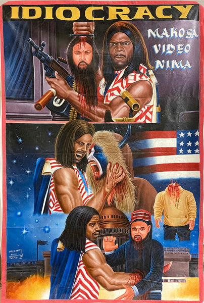 A bold, colorful movie poster inspired by oil and enamel art shows muscular men fighting—one with a gun, another biting a man's neck. The American flag and Capitol stand behind them. Bold text reads Deadly Prey and Makosa Video Nima.