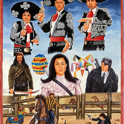 Deadly Prey movie poster: Colorful, Mr. Nana Abyq style art of three men in mariachi outfits with guns, a woman on horseback, a man in black with a gun, piñatas, and western action scenes.
