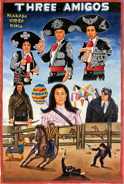 Deadly Prey movie poster: Colorful, Mr. Nana Abyq style art of three men in mariachi outfits with guns, a woman on horseback, a man in black with a gun, piñatas, and western action scenes.