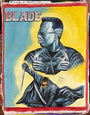 Hand-painted “Blade” movie poster by Deadly Prey features two dramatic portraits of the main character on a yellow-blue background, crafted with oil and enamel for the Deadly Prey exhibition.