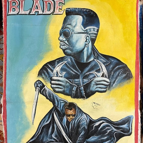 Hand-painted “Blade” movie poster by Deadly Prey features two dramatic portraits of the main character on a yellow-blue background, crafted with oil and enamel for the Deadly Prey exhibition.