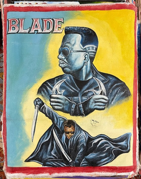 Hand-painted “Blade” movie poster by Deadly Prey features two dramatic portraits of the main character on a yellow-blue background, crafted with oil and enamel for the Deadly Prey exhibition.