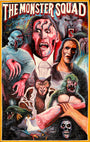 An illustrated Deadly Prey poster for Farkira The Monster Squad, inspired by oil and enamel styles, depicts Dracula, Frankenstein’s monster, a werewolf, a mummy, and a gill-man menacingly surrounding a terrified child.