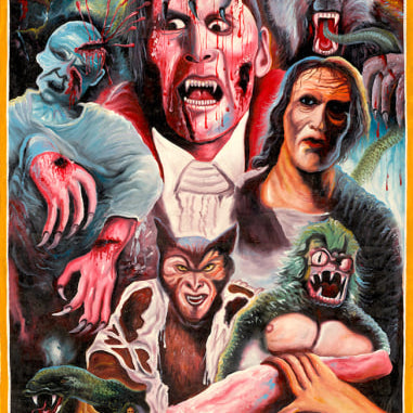 An illustrated Deadly Prey poster for Farkira The Monster Squad, inspired by oil and enamel styles, depicts Dracula, Frankenstein’s monster, a werewolf, a mummy, and a gill-man menacingly surrounding a terrified child.