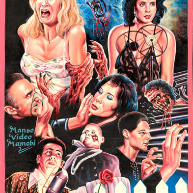 Vivid illustrated poster for Deadly Prey’s Heavy J Blue Velvet, with dramatic and intense characters, a zombie-like figure, white picket fence, red roses, and bold blue title—styled as an oil and enamel painting.