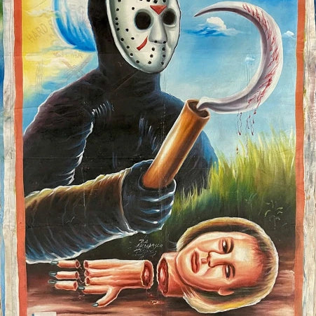 Deadly Prey’s hand-painted artwork by D.A. Armahsco features a masked figure holding a bloody sickle and severed head, with a severed hand nearby, all set against an eerie sky and grass backdrop.