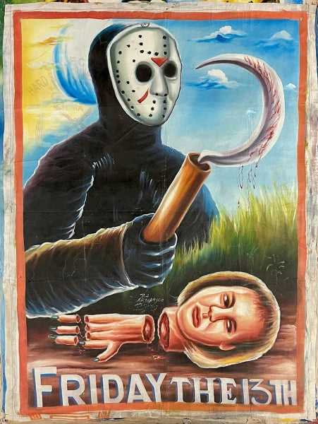 Deadly Prey’s hand-painted artwork by D.A. Armahsco features a masked figure holding a bloody sickle and severed head, with a severed hand nearby, all set against an eerie sky and grass backdrop.