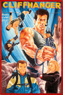 Colorful illustrated movie poster for Cliffhanger by Deadly Prey shows a muscular climber, a woman and man hanging from ropes, and two armed figures in rugged mountains. The title appears in bold yellow letters.