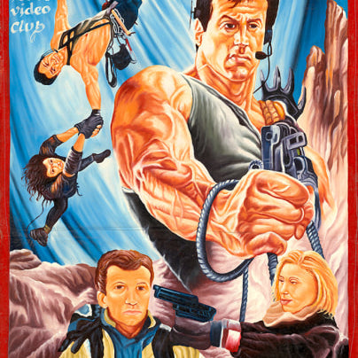 Colorful illustrated movie poster for Cliffhanger by Deadly Prey shows a muscular climber, a woman and man hanging from ropes, and two armed figures in rugged mountains. The title appears in bold yellow letters.