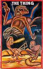 A vivid, hand-painted Deadly Prey poster features monstrous mutated creatures with sharp teeth and twisted faces against a fiery sky and desolate landscape, inspired by Wise Art The Thing and bearing the artist’s signature.