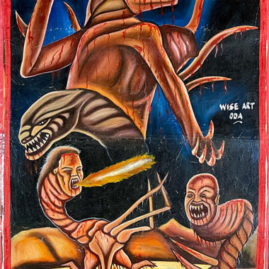 A vivid, hand-painted Deadly Prey poster features monstrous mutated creatures with sharp teeth and twisted faces against a fiery sky and desolate landscape, inspired by Wise Art The Thing and bearing the artist’s signature.