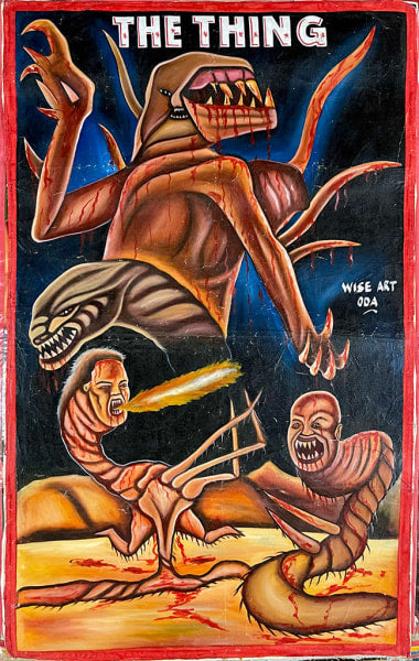 A vivid, hand-painted Deadly Prey poster features monstrous mutated creatures with sharp teeth and twisted faces against a fiery sky and desolate landscape, inspired by Wise Art The Thing and bearing the artist’s signature.