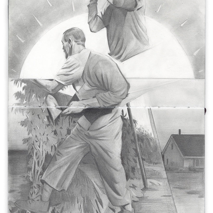 graphite drawing in an open face Moleskine notebook depicting a disjointed man working in the sun by artist Denis Dalesio