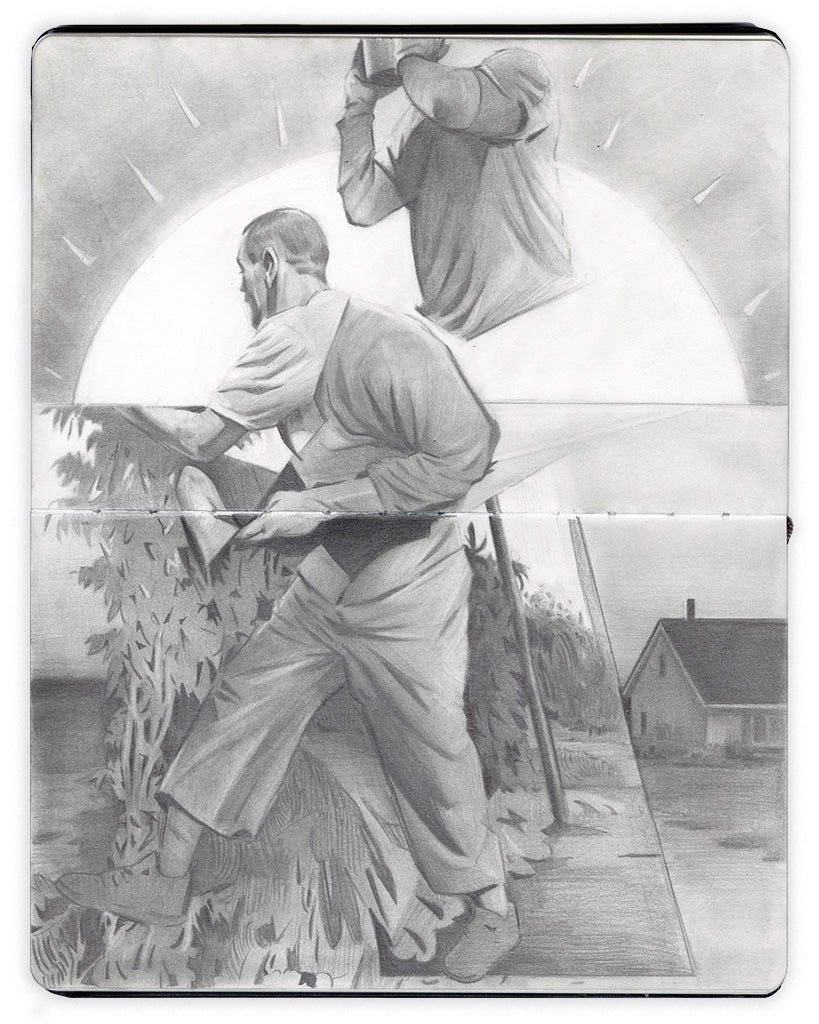 graphite drawing in an open face Moleskine notebook depicting a disjointed man working in the sun by artist Denis Dalesio