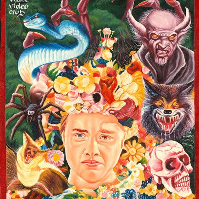 Deadly Prey's vibrant Midsommar painting poster for Spoke Art SF showcases a central woman with flower crown amid surreal images—snake, demon, spider, wolf, skull, and flowers—all beneath a striking red title.