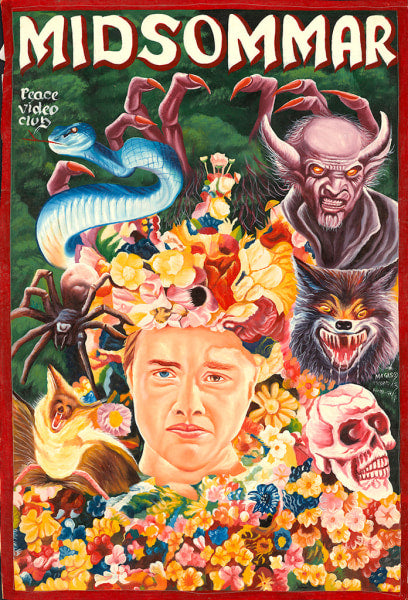 Deadly Prey's vibrant Midsommar painting poster for Spoke Art SF showcases a central woman with flower crown amid surreal images—snake, demon, spider, wolf, skull, and flowers—all beneath a striking red title.