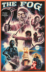 A dramatic Deadly Prey movie poster for The Fog, inspired by The Fog painting and Heavy J art, shows sword-wielding ghost pirates in mist, a haunted lighthouse, a ship, and a worried curly-haired man under a moonlit sky.