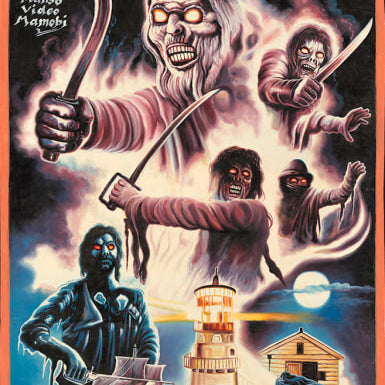 A dramatic Deadly Prey movie poster for The Fog, inspired by The Fog painting and Heavy J art, shows sword-wielding ghost pirates in mist, a haunted lighthouse, a ship, and a worried curly-haired man under a moonlit sky.