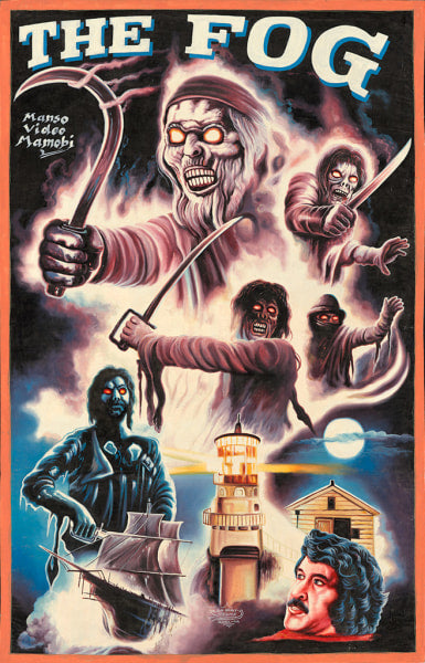 A dramatic Deadly Prey movie poster for The Fog, inspired by The Fog painting and Heavy J art, shows sword-wielding ghost pirates in mist, a haunted lighthouse, a ship, and a worried curly-haired man under a moonlit sky.