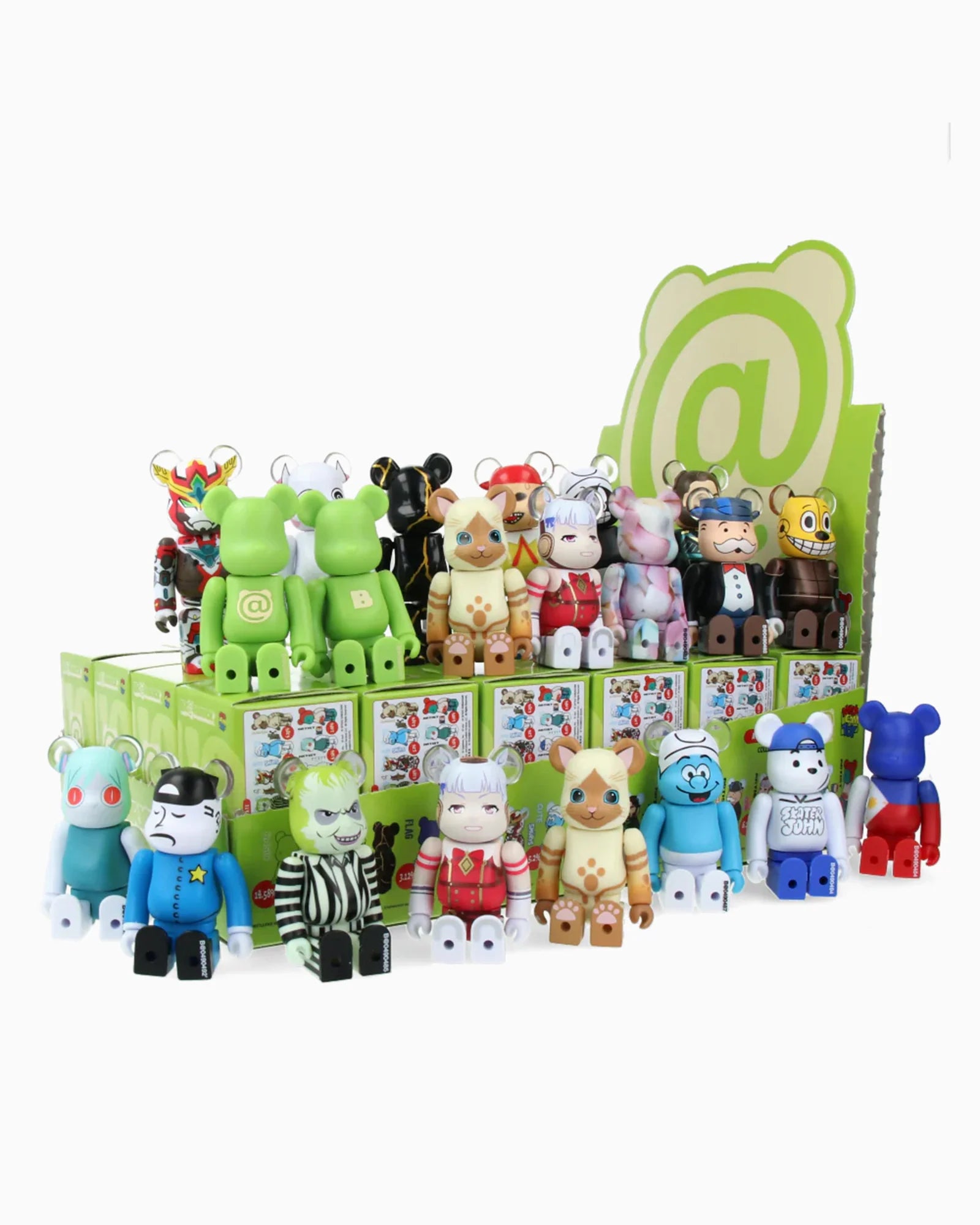 A display of vibrant bear-shaped collectible figures from Medicom's Be@rbrick Series 49, each featuring distinct costumes and designs, arranged in two rows on a green branded stand. These figures are released by Medicom as part of a blind box collection, adding excitement to every unboxing experience.