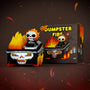 A vinyl figure by 100% Soft, inspired by Marvel’s Ghost Rider Dumpster Fire, features a skeleton with a flaming head sitting in a grinning, flaming dumpster. The box behind displays “Dumpster Fire” along with matching artwork of the fiery skeleton and dumpster.