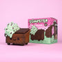 A cute 100% Soft Dumpster Ice Cream Vinyl Figure featuring a smiling dumpster topped with mint chocolate chip ice cream, packaged in a vibrant pink and green box labeled "Dumpster Ice Cream.