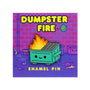 A colorful enamel pin with gold plating from 100% Soft features a cute cartoon dumpster with a smiling face and flames. Set against a pink brick wall with scattered trash, it reads DUMPSTER FIRE. This limited edition collectible is essential for any collection.