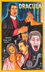 Vibrant hand-painted Deadly Prey poster features Dracula biting a woman's neck, holding a bloody leg, with bats, skull, and vampires. Text reads Dracula and Asene Amaley Video Club. Ideal for horror fans or Deadly Prey exhibition display.
