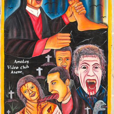 Vibrant hand-painted Deadly Prey poster features Dracula biting a woman's neck, holding a bloody leg, with bats, skull, and vampires. Text reads Dracula and Asene Amaley Video Club. Ideal for horror fans or Deadly Prey exhibition display.