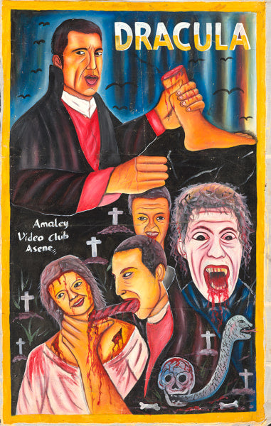 Vibrant hand-painted Deadly Prey poster features Dracula biting a woman's neck, holding a bloody leg, with bats, skull, and vampires. Text reads Dracula and Asene Amaley Video Club. Ideal for horror fans or Deadly Prey exhibition display.