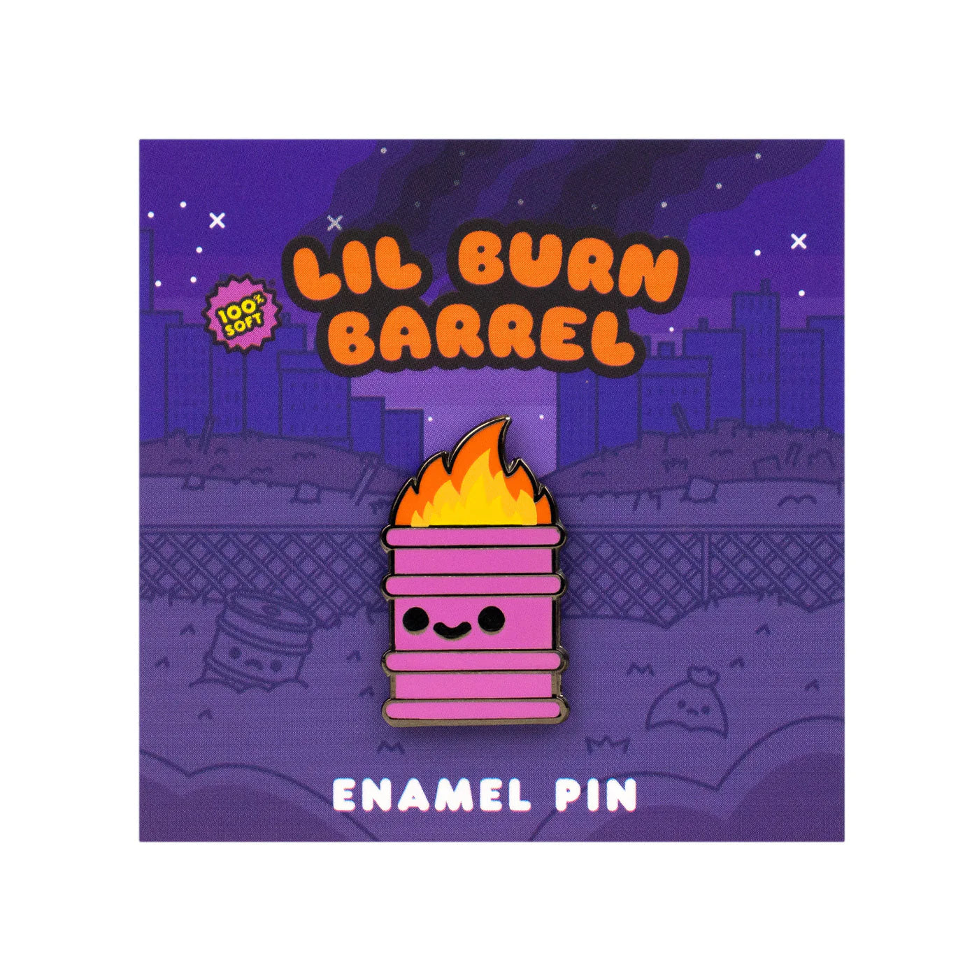Introducing the 100% Soft "Lil Burn Barrel" enamel pin—a cute pink hard enamel pin designed as a smiling burning barrel, set against a playful cartoon cityscape. This collector's item proudly features the text "Lil Burn Barrel" and "Enamel Pin." Perfect for adding adorable flair to your outfit or bag, this limited edition piece is a must-have from 100% Soft.