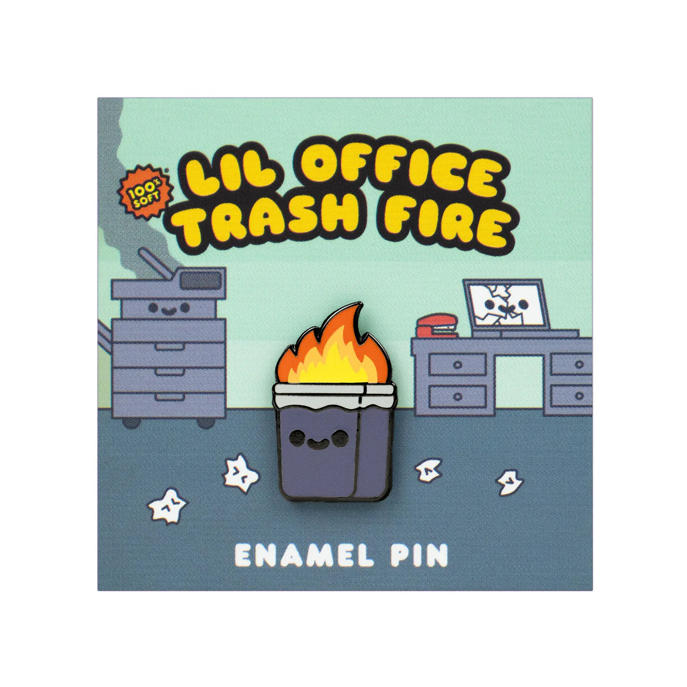 Bring some quirky fun to your collection with the 100% Soft Lil Office Trash Fire enamel pin! This adorable soft enamel pin features a smiling trash bin ablaze, set against a playful cartoon office backdrop complete with desks and a copy machine. Limited edition—grab yours and show off your love for unique accessories!.