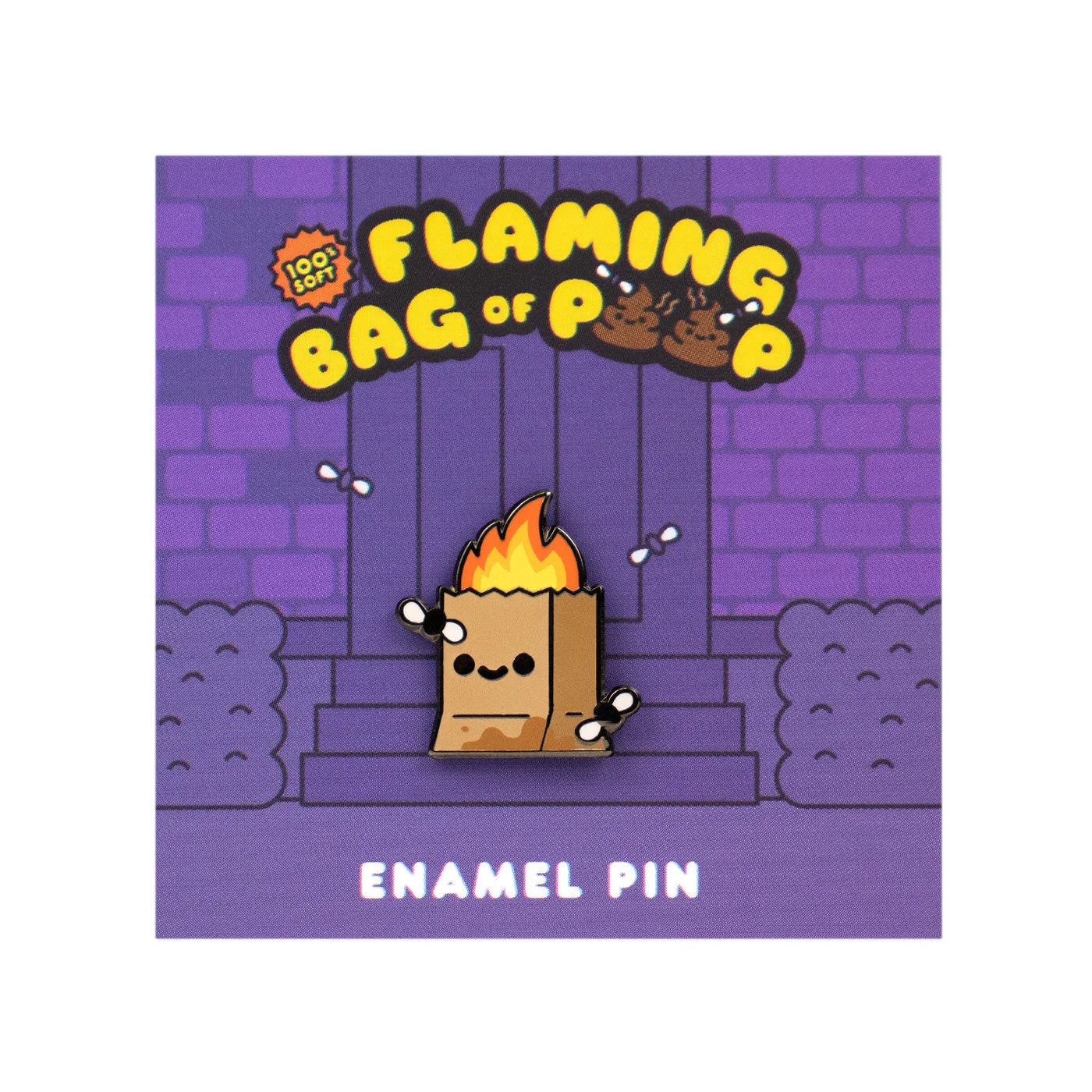 This limited edition enamel pin from 100% Soft showcases a cartoon flaming bag of poop with a cheerful smile. Made as a 100% soft enamel pin, it’s attached to a vibrant purple backing card featuring bold yellow “Flaming Bag of Poop” text, playful cartoon poop graphics, and “Enamel Pin” at the bottom.
