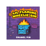 A limited edition soft enamel pin by 100% Soft, featuring a cartoon-style smiling blue wheelie bin on fire, displayed on a purple backing card with the text "Lil Flaming Wheelie Bin" above.