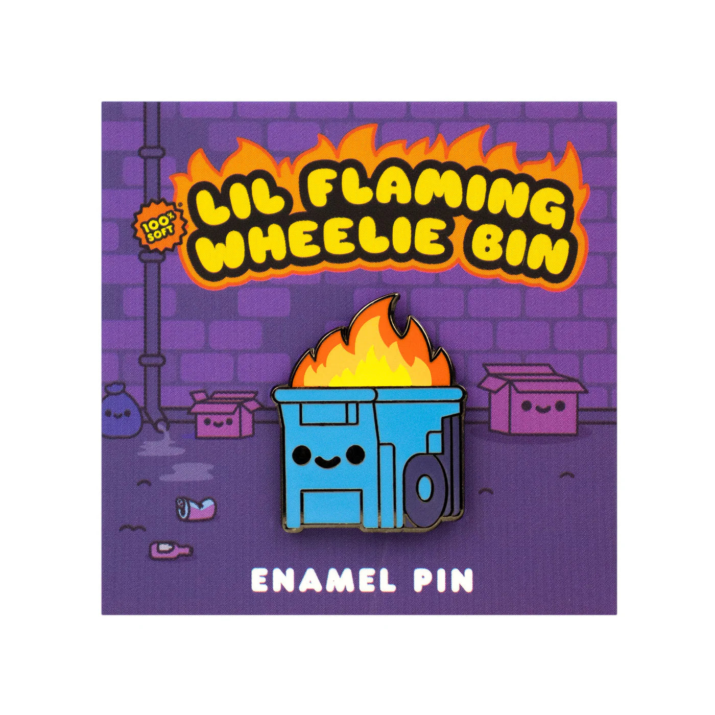 A limited edition soft enamel pin by 100% Soft, featuring a cartoon-style smiling blue wheelie bin on fire, displayed on a purple backing card with the text "Lil Flaming Wheelie Bin" above.