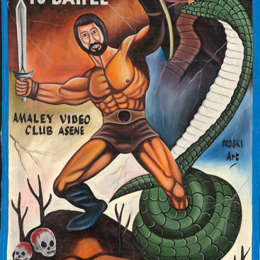 A muscular man in ancient armor battles a green serpent before a castle, with skulls and flames around. Text: Deadly Prey—an epic Hercules vision for the exhibition.