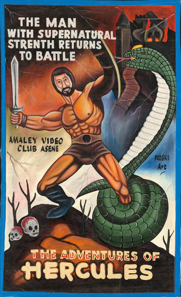 A muscular man in ancient armor battles a green serpent before a castle, with skulls and flames around. Text: Deadly Prey—an epic Hercules vision for the exhibition.
