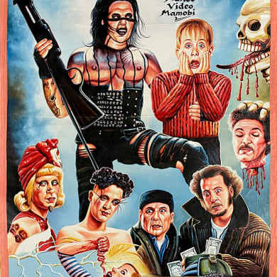 A colorful, chaotic Deadly Prey poster in Heavy J’s style shows a gothic figure with a rifle, shocked faces, dismembered limbs, money, skulls, and blood. “PARTY MONSTER” appears in bold yellow at the top.