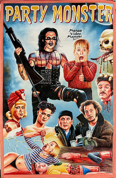 A colorful, chaotic Deadly Prey poster in Heavy J’s style shows a gothic figure with a rifle, shocked faces, dismembered limbs, money, skulls, and blood. “PARTY MONSTER” appears in bold yellow at the top.