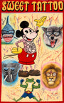 Vibrant Deadly Prey poster with “SWEET TATTOO” on top, showcasing a tattooed cartoon mouse and animals in sunglasses on a splattered backdrop, inspired by Farkira art plus oil and enamel painting styles.