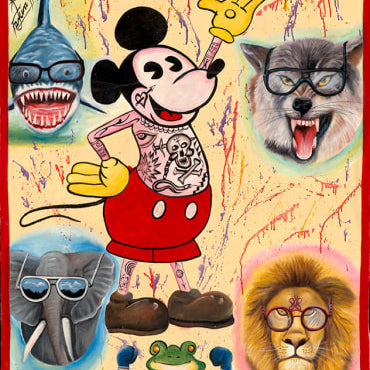 Vibrant Deadly Prey poster with “SWEET TATTOO” on top, showcasing a tattooed cartoon mouse and animals in sunglasses on a splattered backdrop, inspired by Farkira art plus oil and enamel painting styles.